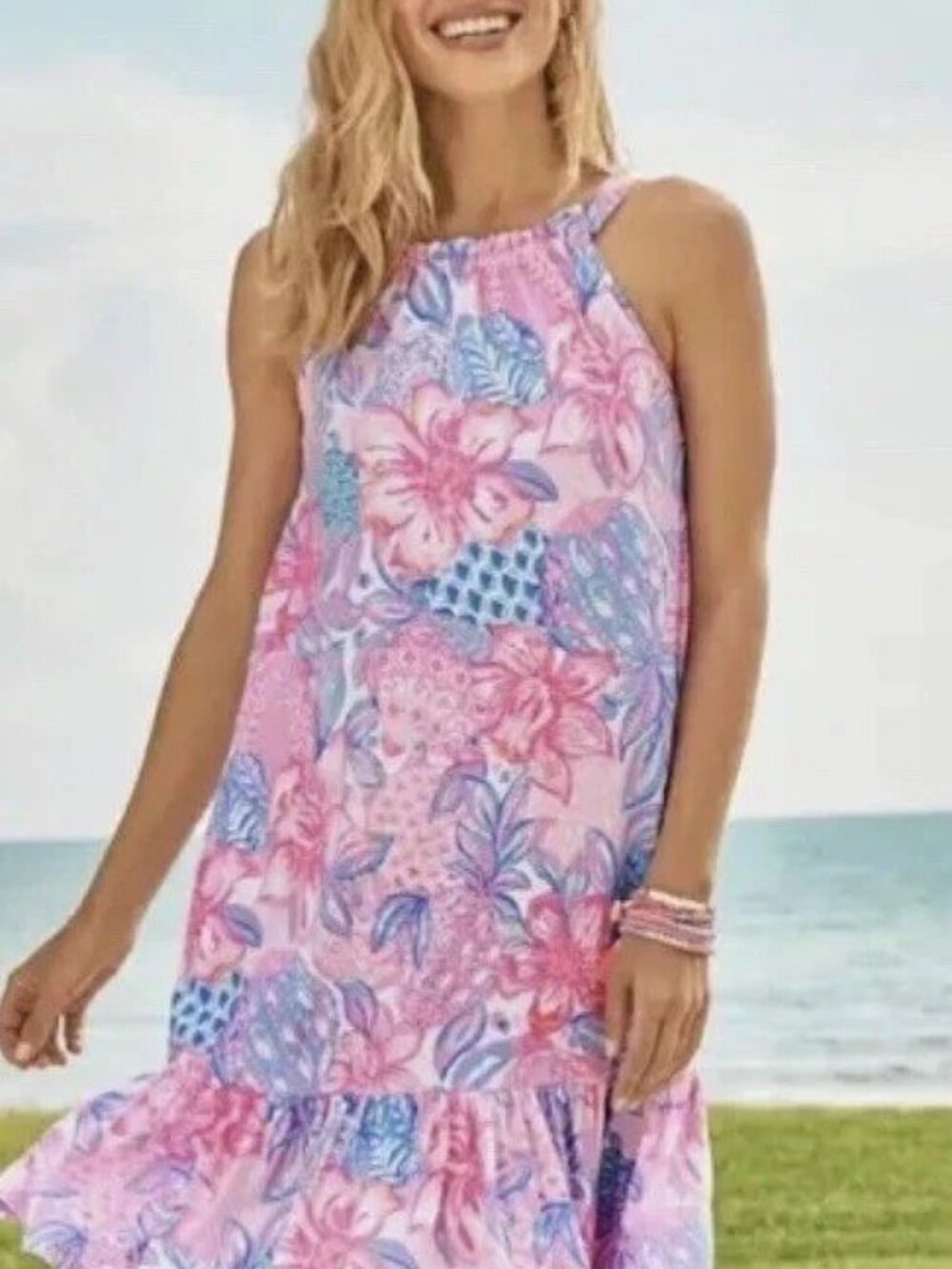 Lilly Pulitzer Saira Halter Mini Dress Floral Print Ruffle Cotton Pink XS 290806